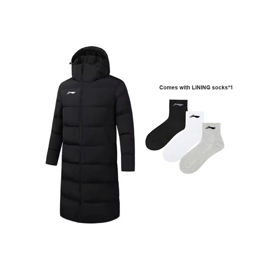 Li Ning Brand Logo Solid Color Outdoor Casual Knee-Length Warm Windproof Hooded Down Jacket Men Jacket Black YYMV233-1