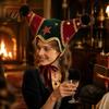 Holiday Photo Booth Decorations Christmas Jester Hat, Velvet Star Clown Hat with Gold Trim Pom Retro Style Performance Headpiece Poms, Adjustable Tie,