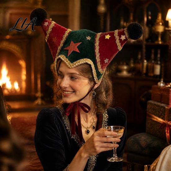 Holiday Photo Booth Decorations Christmas Jester Hat, Velvet Star Clown Hat with Gold Trim Pom Retro Style Performance Headpiece Poms, Adjustable Tie,