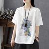 Women's Retro Print Cotton Linen T-shirt, Short Sleeve, Loose Fit, Plus Size, 2024 Summer Style Top