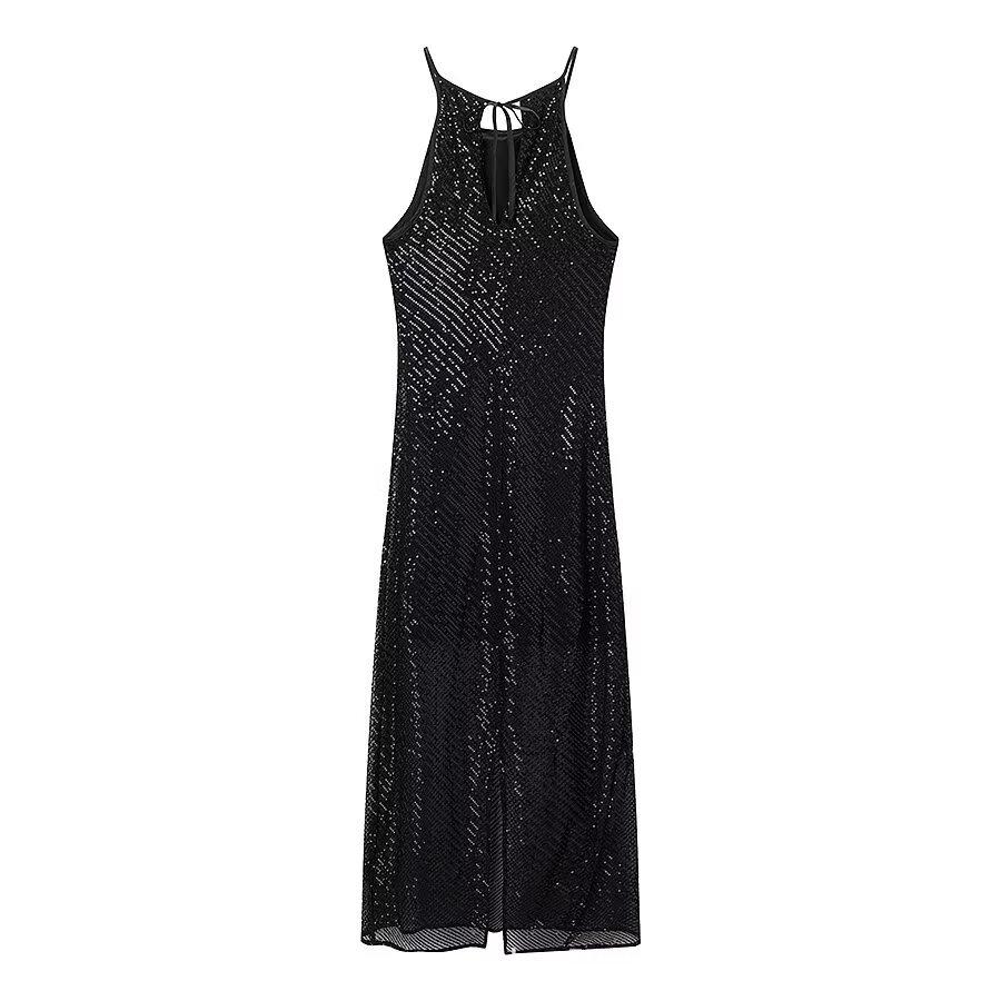 Women's New European and American Fashion Sexy Neck Sleeveless Sequin Dress