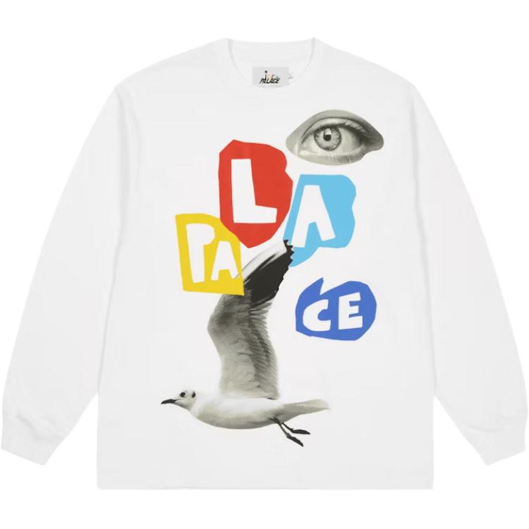 Palace Jcc+ Collaboration Ss25 Eye Pigeon Pattern Letter Print Ribbed Edge Loose Fit Crew Neck Casual Long Sleeve T-Shirt Unisex T-Shirt P28JCCES002
