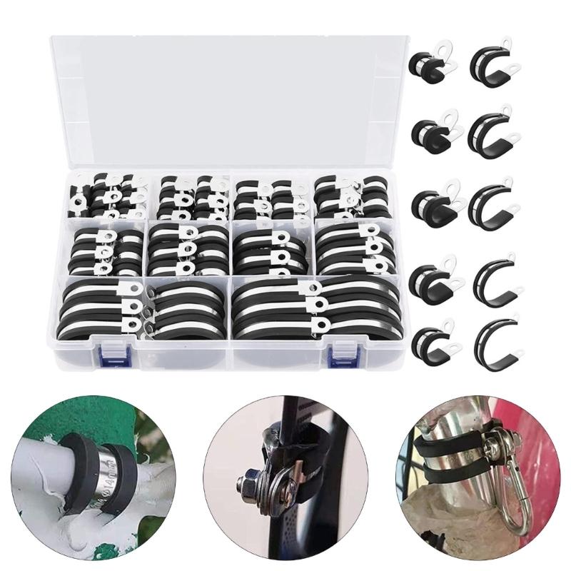 110Pcs Cable Clamp Stainless Steels Rubber Coated Cushioned Insulated Cable Clamps Metal Wire Clamps Easily to Install