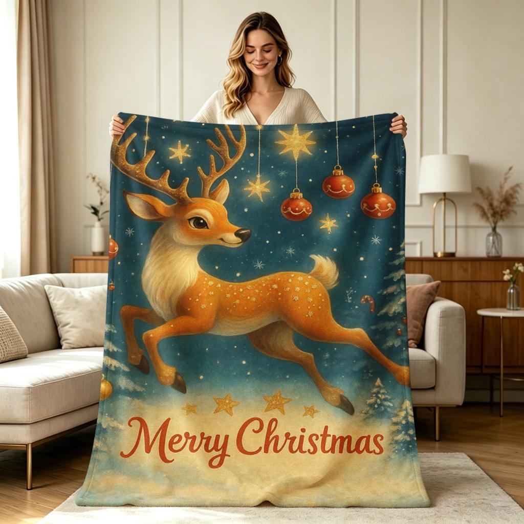 All Season Flannel Blanket with Vintage Christmas Reindeer Star Ornament Print Soft Warm Decorative Throw Blanket for Couch Sofa Bed Living Room Home