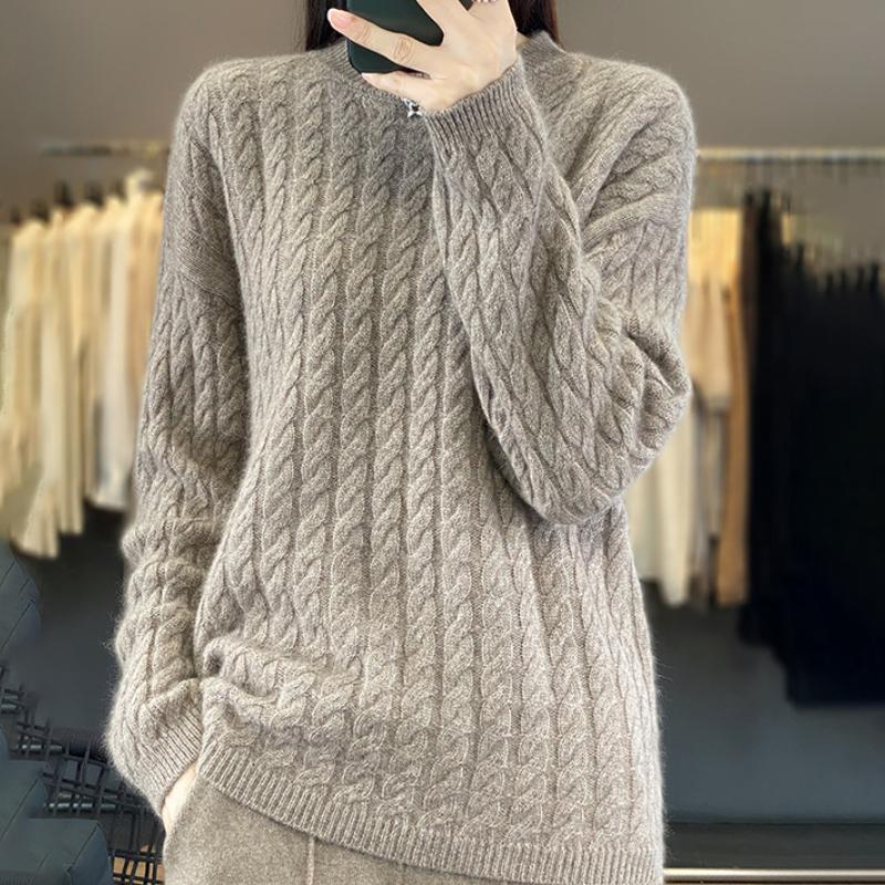 

Кардиган с круглым вырезом из 100% чистого кашемира для женской осени и зимы, однотонный свитер с косами, свободный и универсальный, теплая базовая рубашка из кашемира XXL