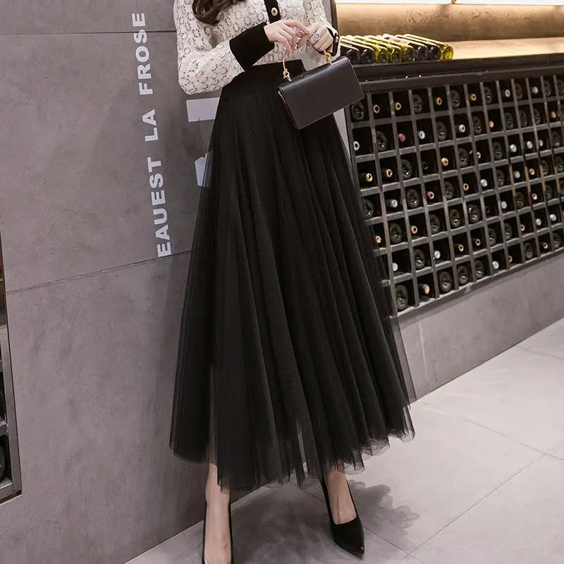 

Women s Spring Three-Layer Tulle Skirt High-Waisted Mid-Length Puffy Skirt Solid Color Elegant Princess Skirt Pleated A-Line Skirt XXS чорний