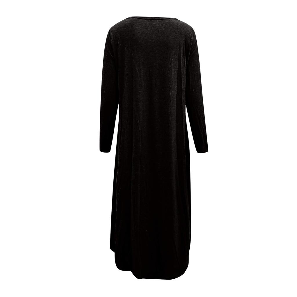 Women's Casual Round Neck Long Sleeve Curved Hem Loose Long Dress With Pocket
