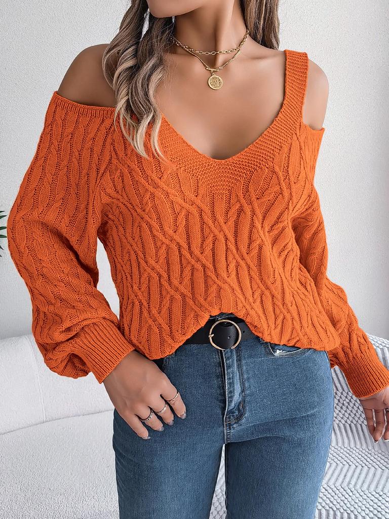 2025 Autumn/Winter Off-the-Shoulder Cable Knit Lantern Sleeve Sweater for Women