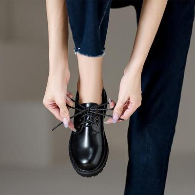 British Style Round Toe Women's Workplace Loafers - Lace-up, Thick Sole, Mid-Heel Leather Shoes