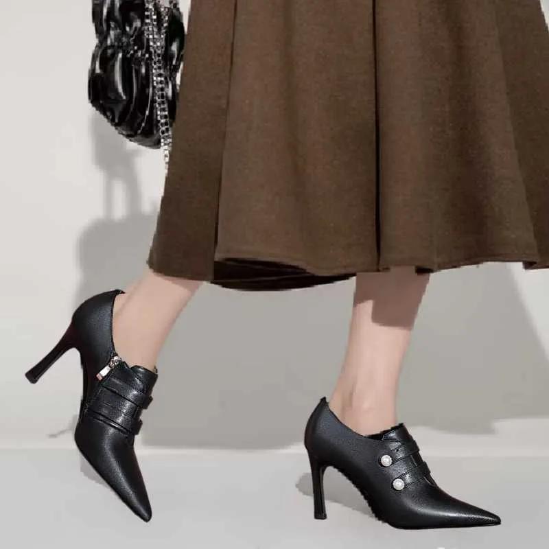 2025Bare Stiefel Damen High Heels Kleiderschuhe Doppelperlen Stiefeletten Neuer Designer Winter Herbst Knöchelstiefel Reißverschluss Spitzschuh Pumps