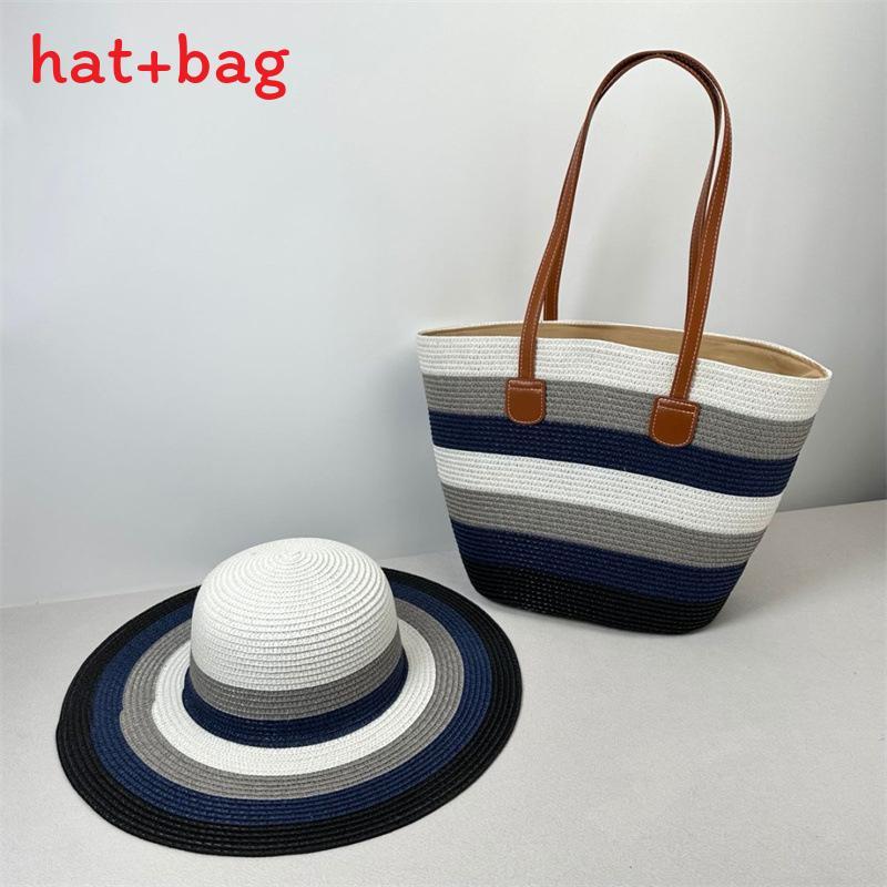 Woven Sun Hat And Large Capacity Straw Tote With Striped Pattern For Travel And Casual Wear