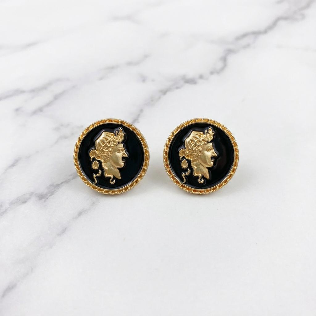 Vintage Gold Coin Stud Earrings for Women - Black Enamel Roman Cameo Medallion Portrait Statement Jewelry Gift