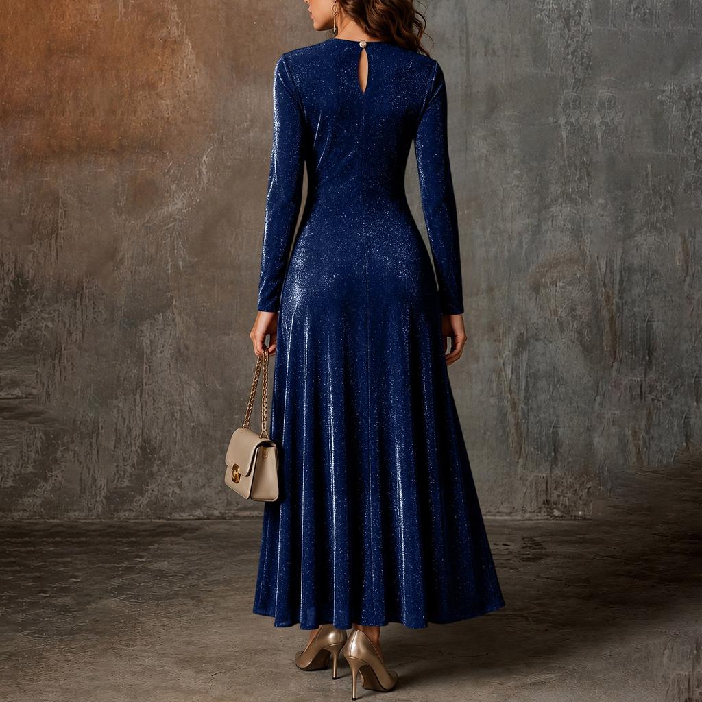 Vestido ajustado de manga larga con cuello redondo de color para mujer, para trabajo informal y fiestas