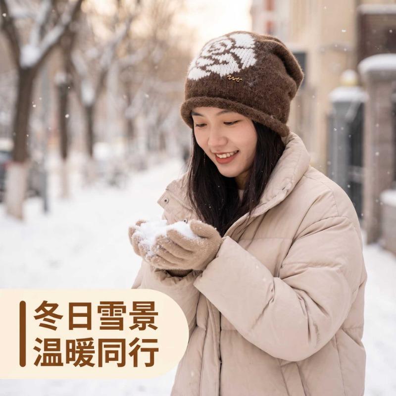 Women S Vintage Rose Embroidery Knitted Beanie Hat Korean Style Warm Winter Hat