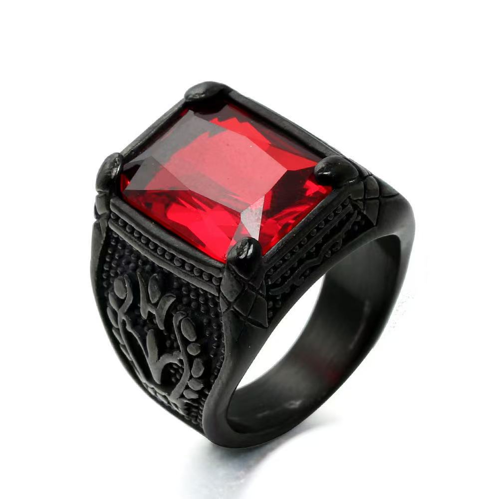 Vintage Big Green/Black/Red/Blue Color Stone Rings for Men Stainless Steel Fashion Punk Handmade Carved Tulip Ring Party Jewelry