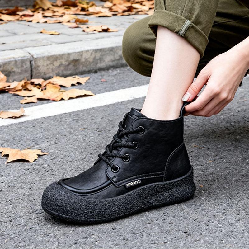 Retro Short Boots Women's Autumn and Winter New Thick-soled Round Head Lace-up Martin Boots Flat-bottomed Velvet Warm Women's Boots