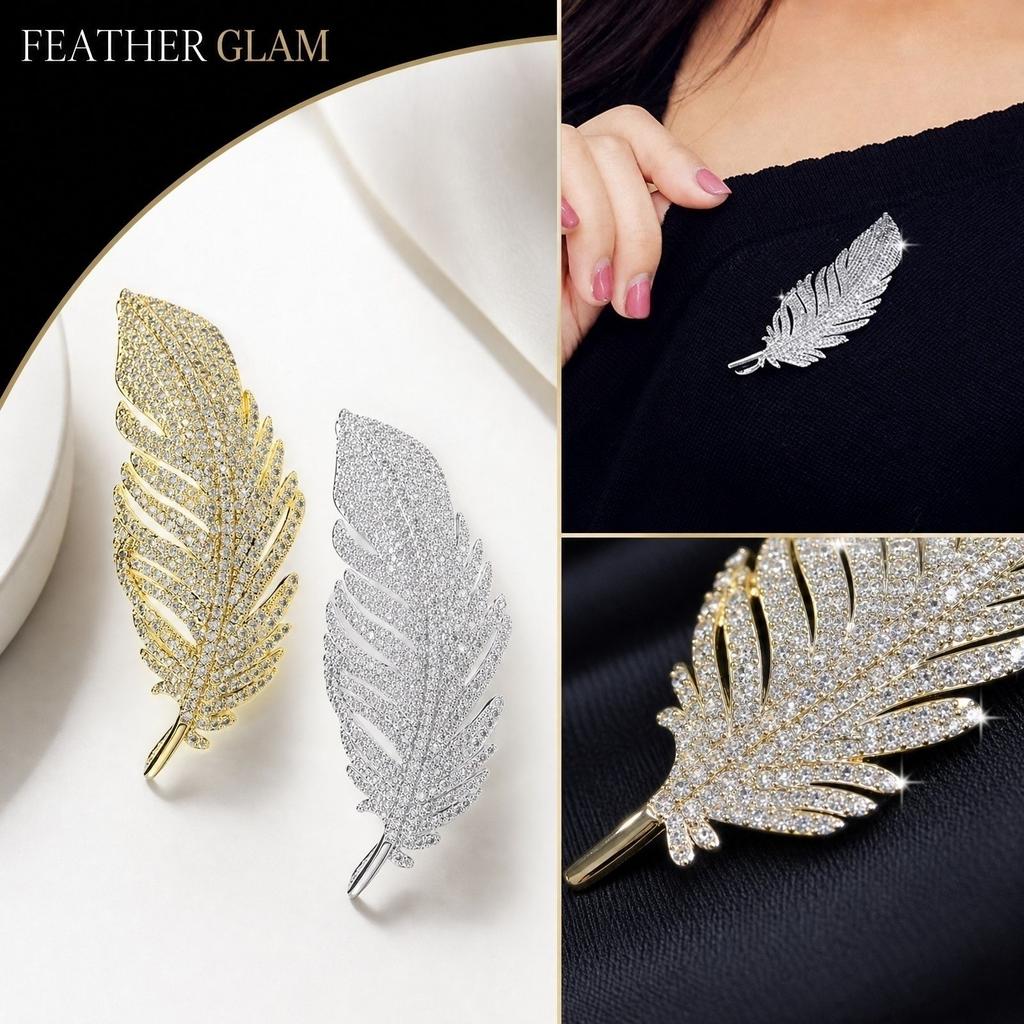 Zircon Feather Brooch Elegant Design Minimalist Style Fashion Accessory for Men and Women Suitable for Formal and Casual Wear
