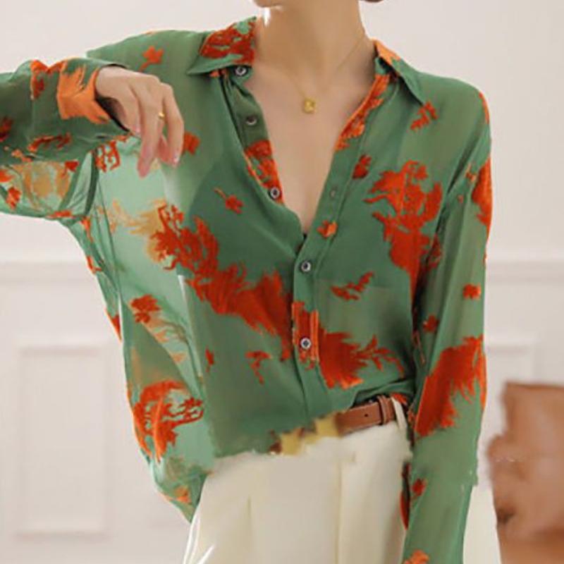 Grünes transparentes Hemd Damen Design Sinn Nische Jacquard Chiffonhemd Eis Seide Sonnenschutz Oberteil Kühler Sommer Dünne Version