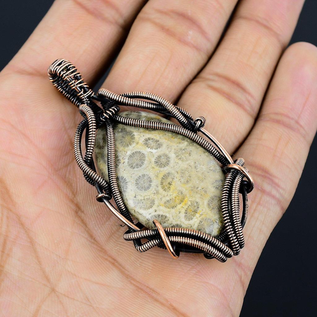 Fossil Coral 999 Copper Wire Wrapped Pendant Handmade Gemstone Jewelry, Gifts For Wife Brand New Jewelry Pendant
