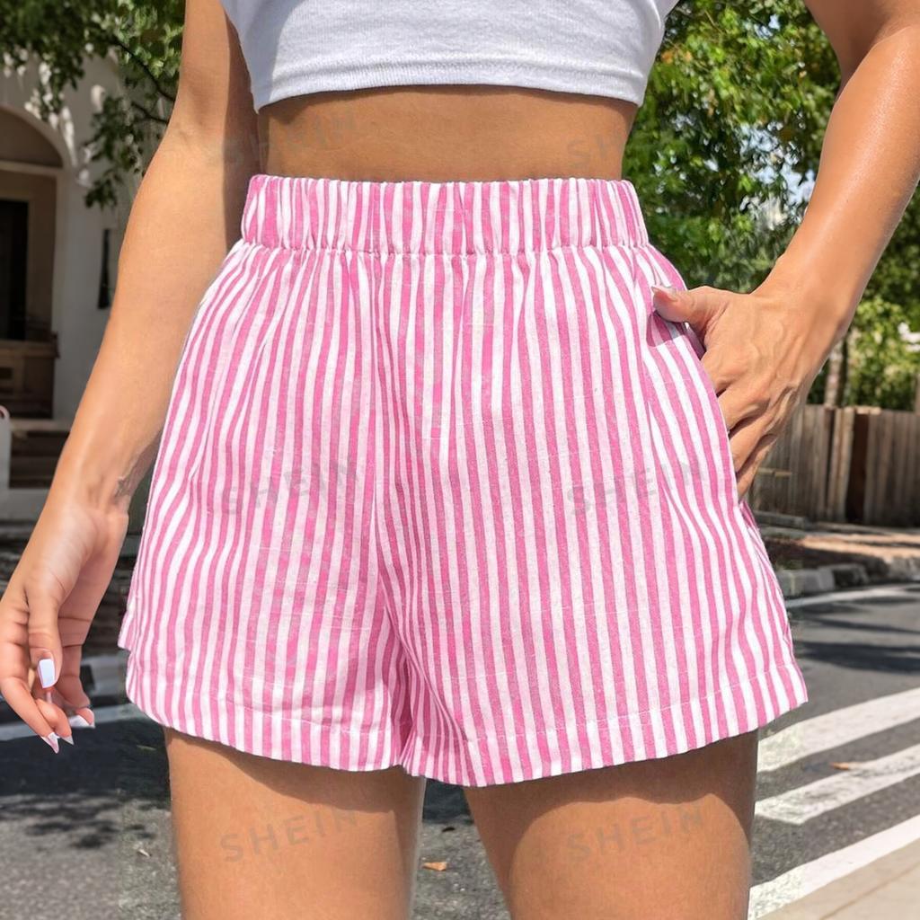 Damen Baumwollshorts Gestreift Elastischer Bund Pyjamahose Lounge Schlafshorts mit Taschen Sommerkleidung