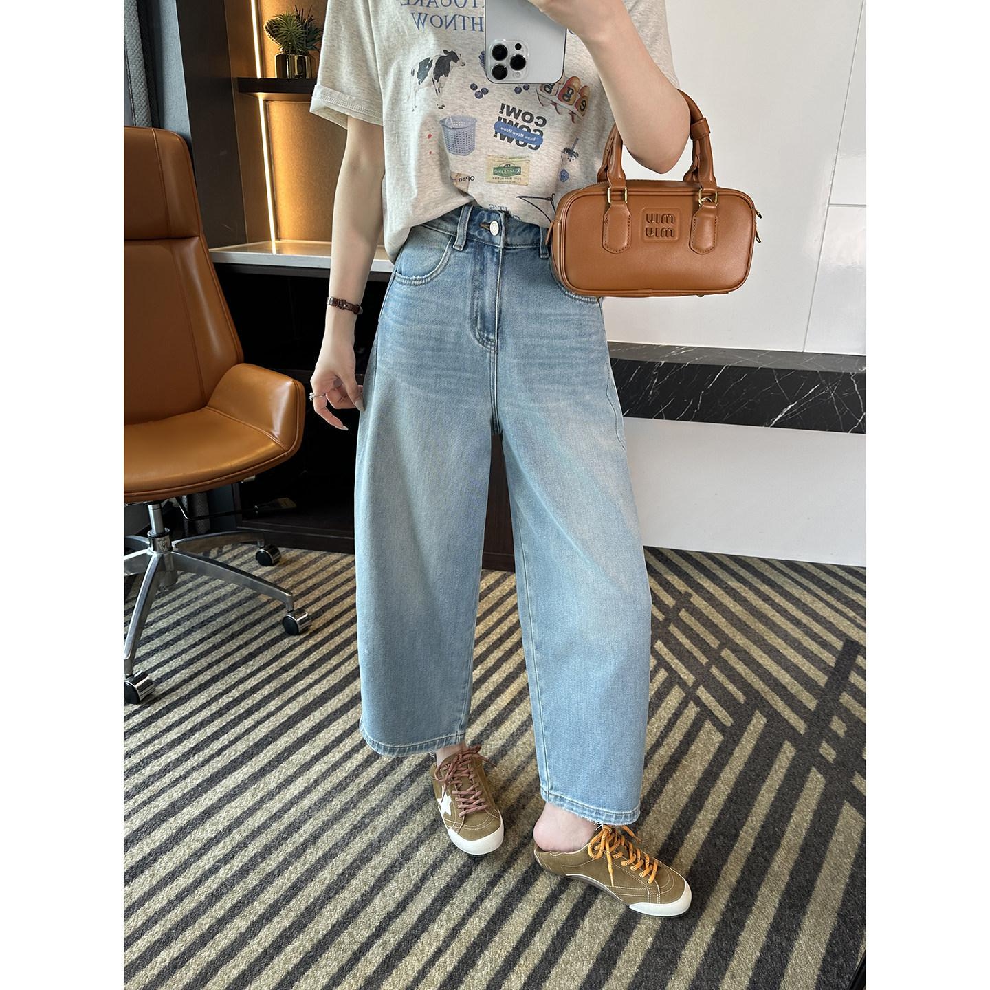 New women s cropped jeans 2026, loose wide-leg casual jeans S светло-синий