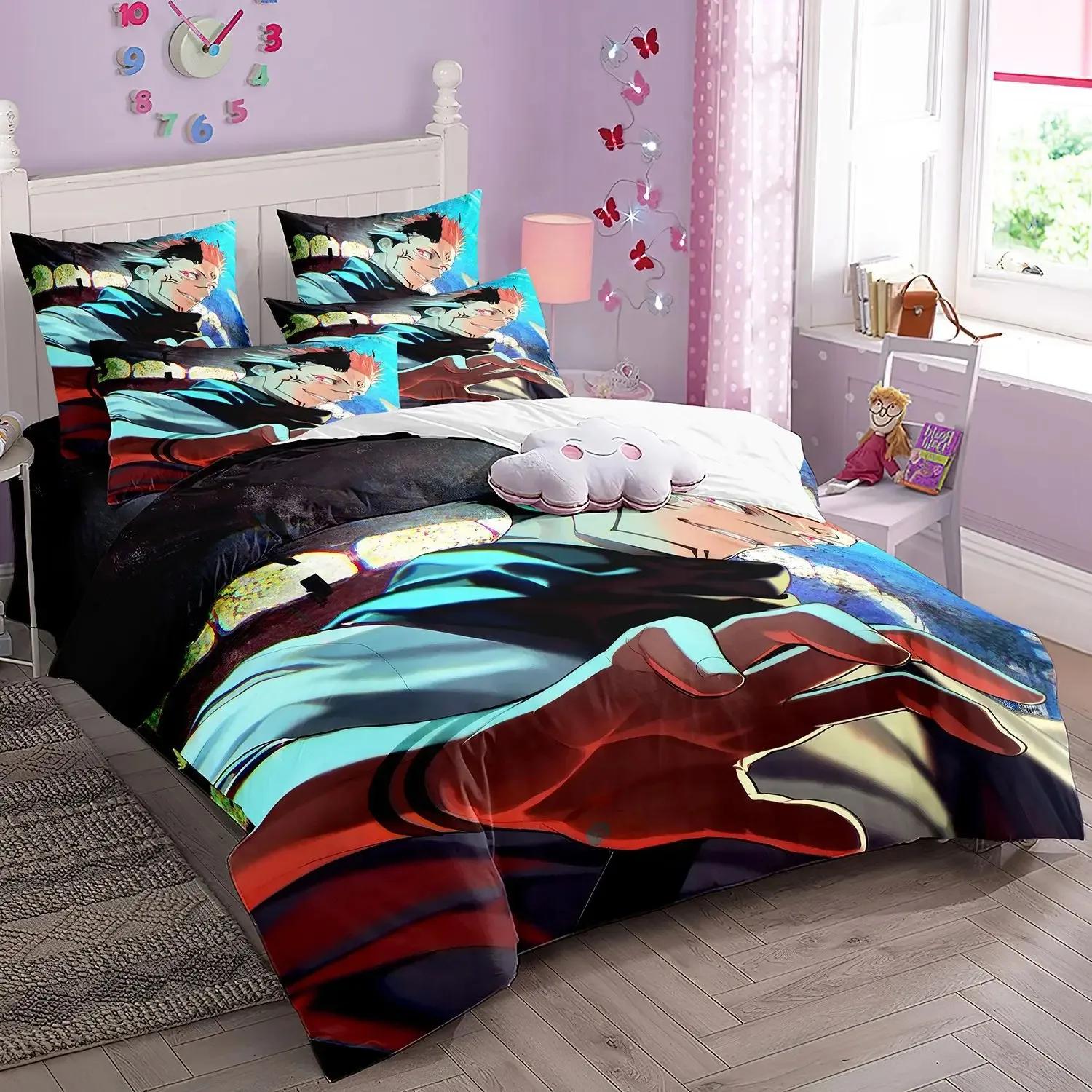 Superbe Ensemble de Literie Anime Jujutsu Kaisen Housse de Couette Taies d'Oreiller Impression 3D Décoration de Chambre d'Enfant Garçon Taille Simple/Double/Queen Size 135x200cm (2pcs)