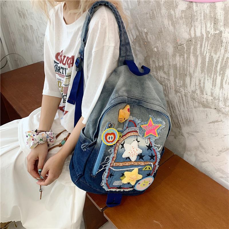 Retro Stern Patchwork Farbverlauf Denim Rucksack - Süße japanische Schultasche für Studenten