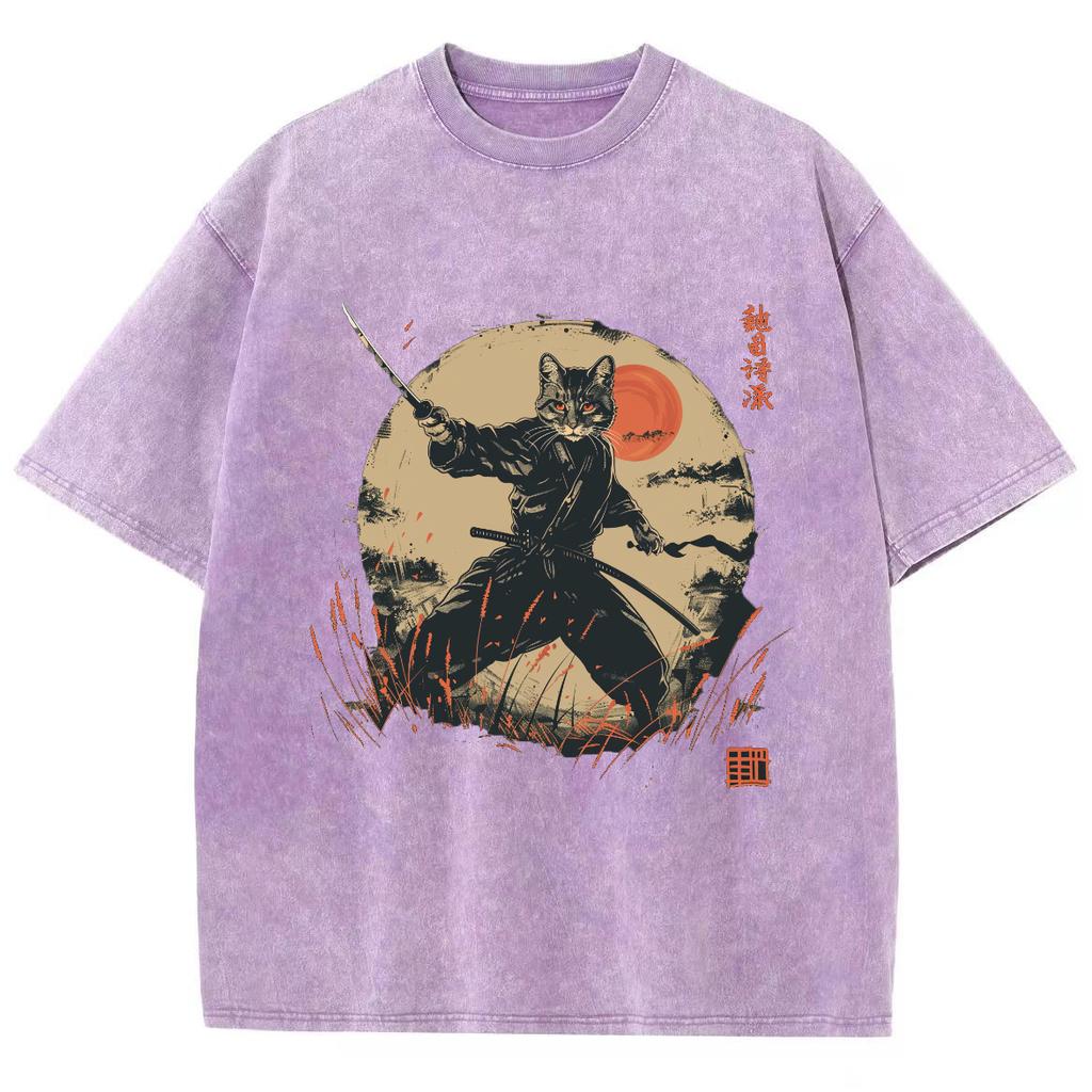 Japanese Women's T-shirt Summer Short Sleeve Washed Denim Stretch Fabric Samurai Cat Print Top Retro Wear Men