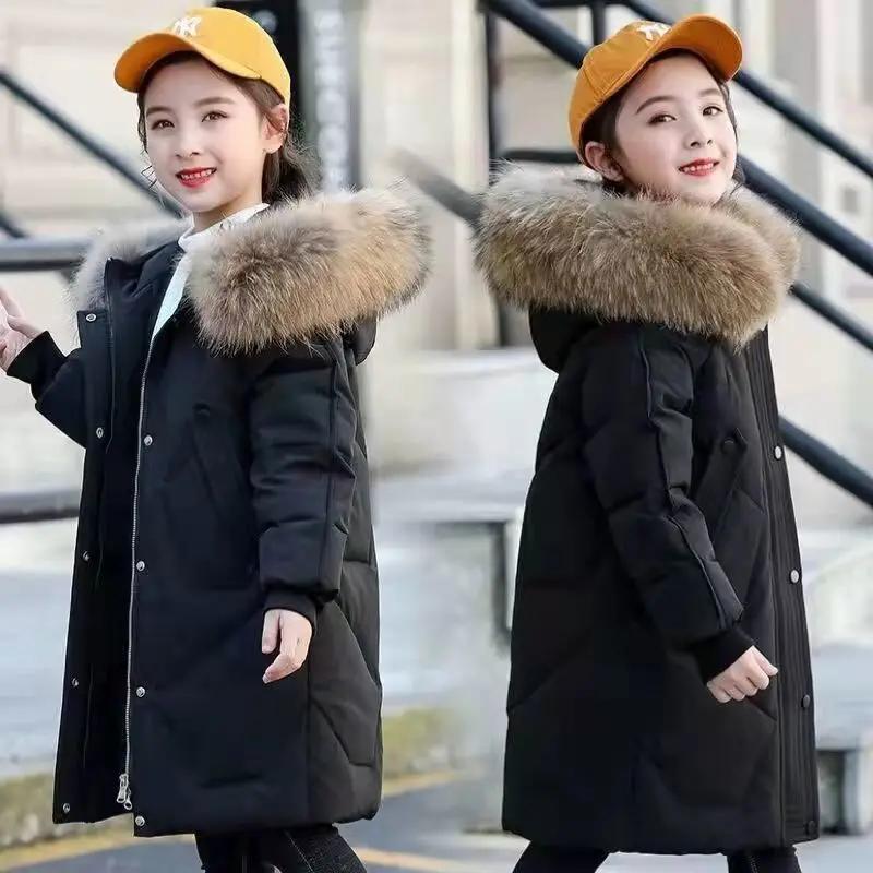 5-14 Years Teenagers Girls Winter Jacket Big Fur Collar Long Style Cold Proof Hooded Coat For Kids Thick Keep Warm Clothes
