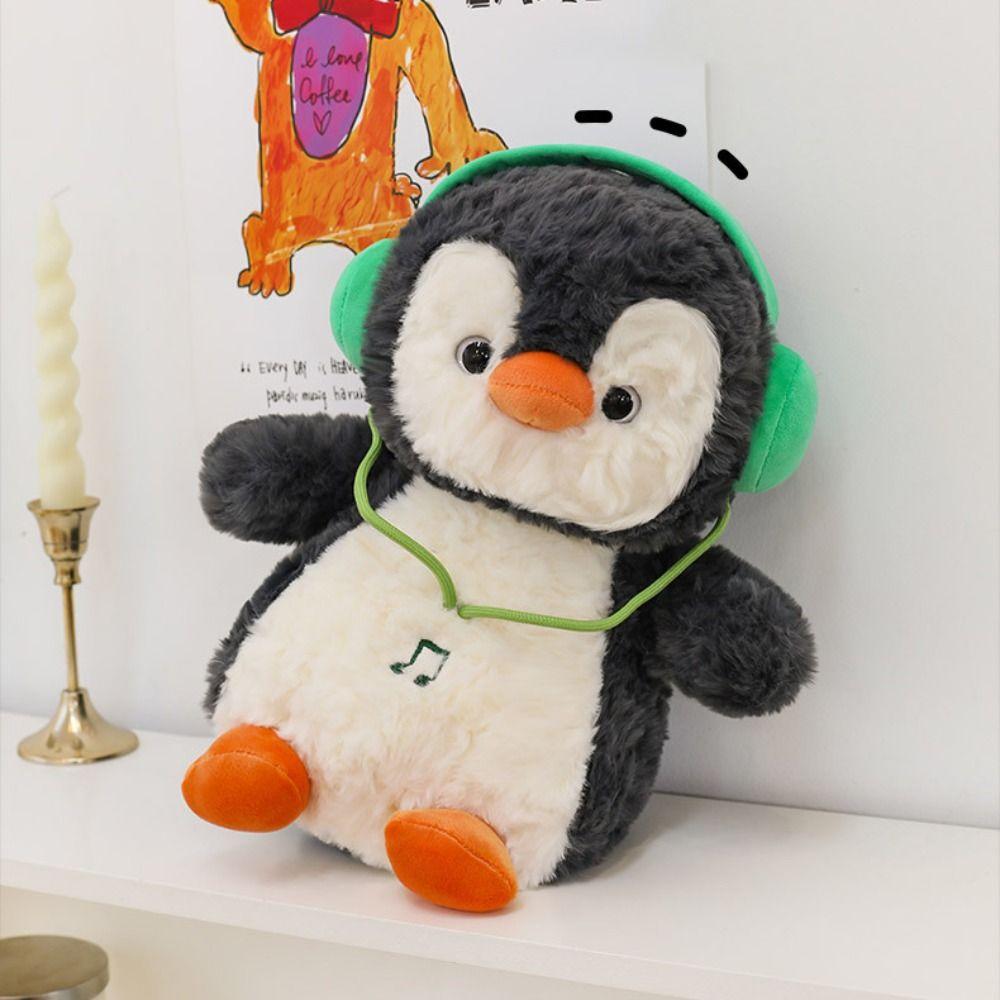 Interactive Penguin Doll Stuffed Animals Fluffy Wearing Headphones Animal Doll  Home Decor