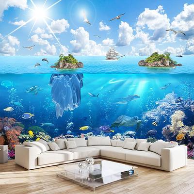 Sfondi murali 3D dell'isola dei delfini blu del mondo sottomarino, adesivo da parete con vita marina, murale rimovibile per la camera dei bambini, asilo nido