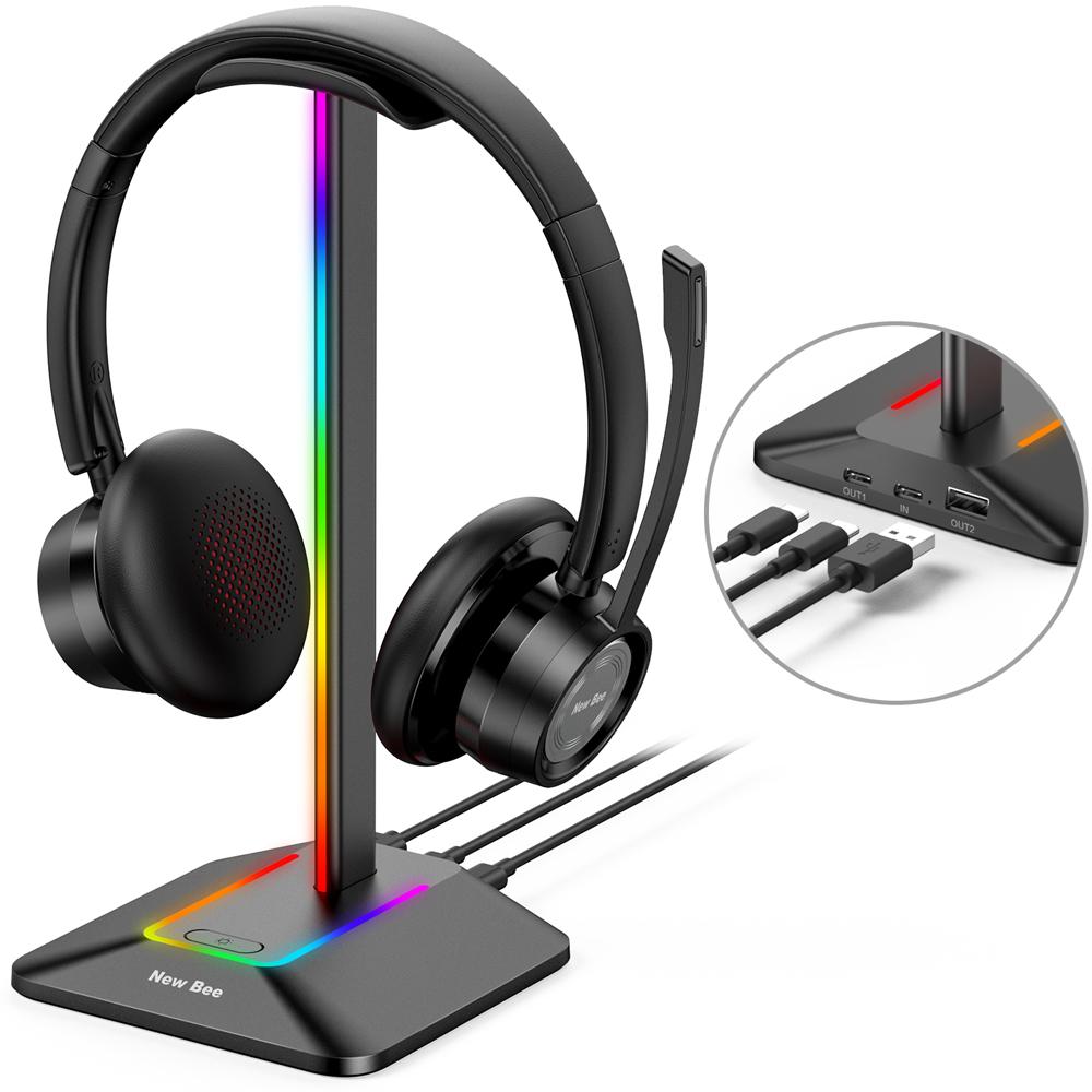 NEW BEE Z8 RGB Light Headphone Stand with USB + Type-C Expansion Hub Gaming Headset Holder Display Rack