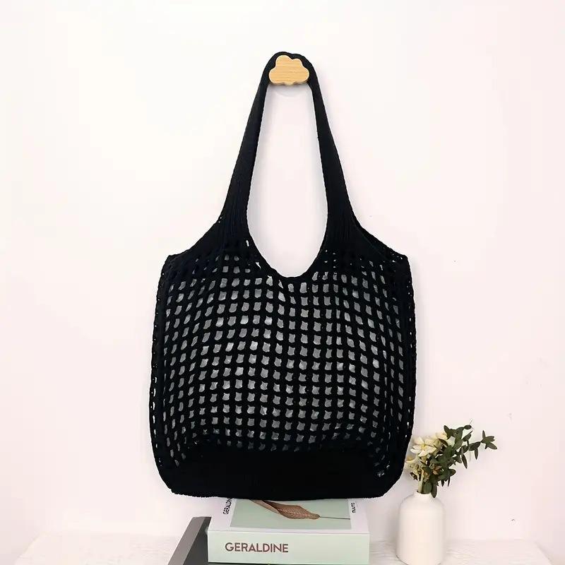 1pc Women'S Crochet Tote , Large Capacity Hollow Woven Shopping with Fixed Shoulder Strap,Ideal for Travel, Bags for Women