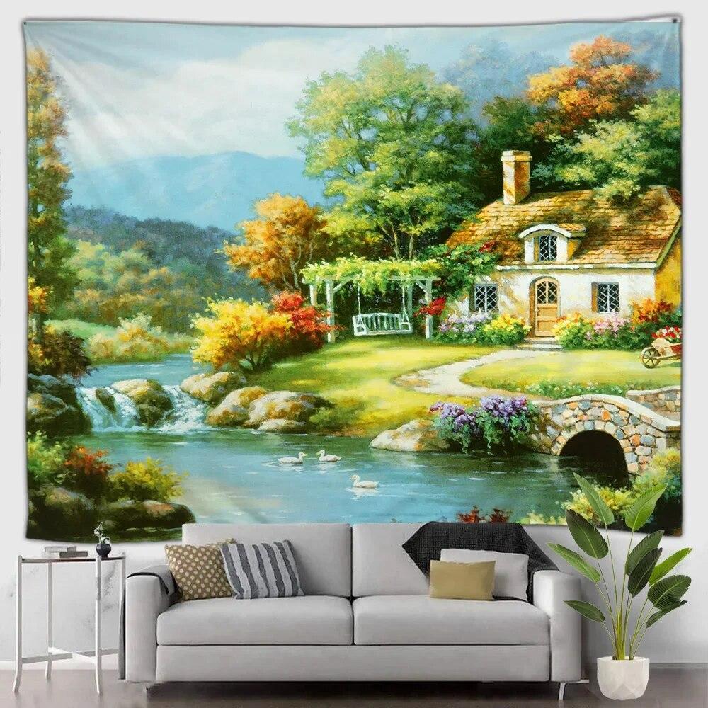 Gobelin leśny wodospad krajobraz zewnętrzny piękny las obraz olejny wiszący na ścianie dekoracyjny koc sztuka salon mural