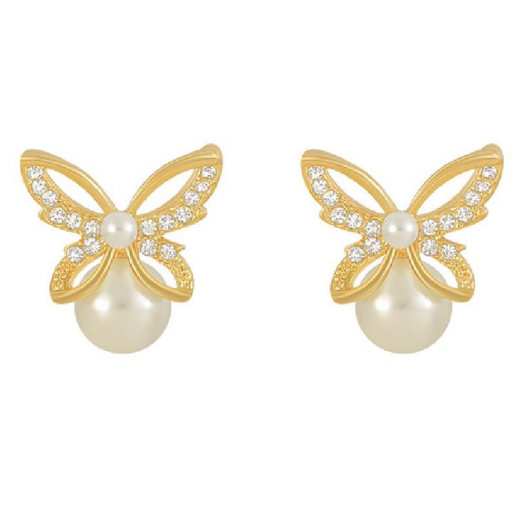 Cross Inlaid Diamond Butterfly Pearl Earrings for Women - Stylish and Versatile Korean Socialite Studs and Drops золотой