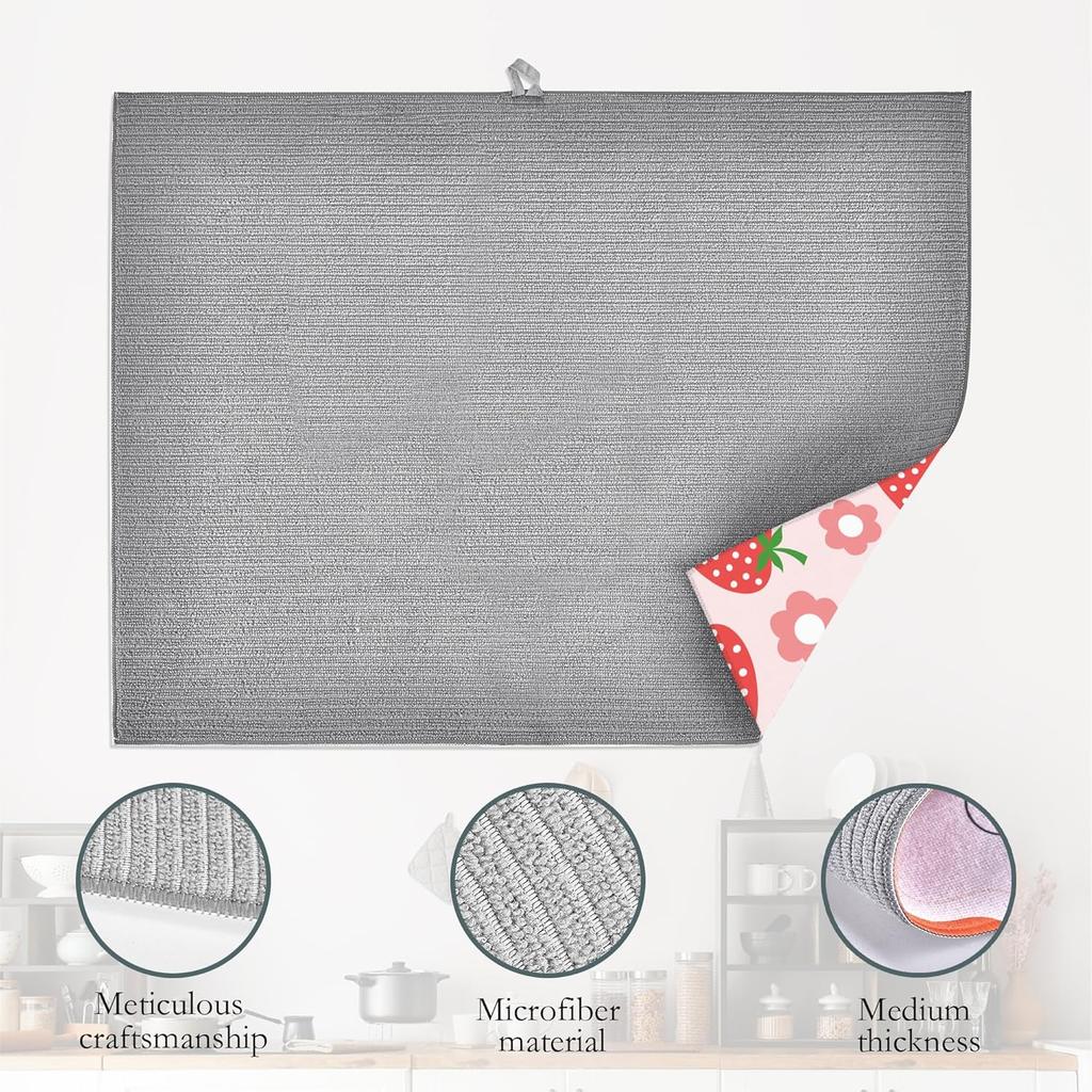Pink Strawberry Dish Drying Rack Mat for Kitchen Counter,Cute Flowers Dish Drying Pad Absorbent Reversible Microfiber Protector for Coffee Bar Sink
