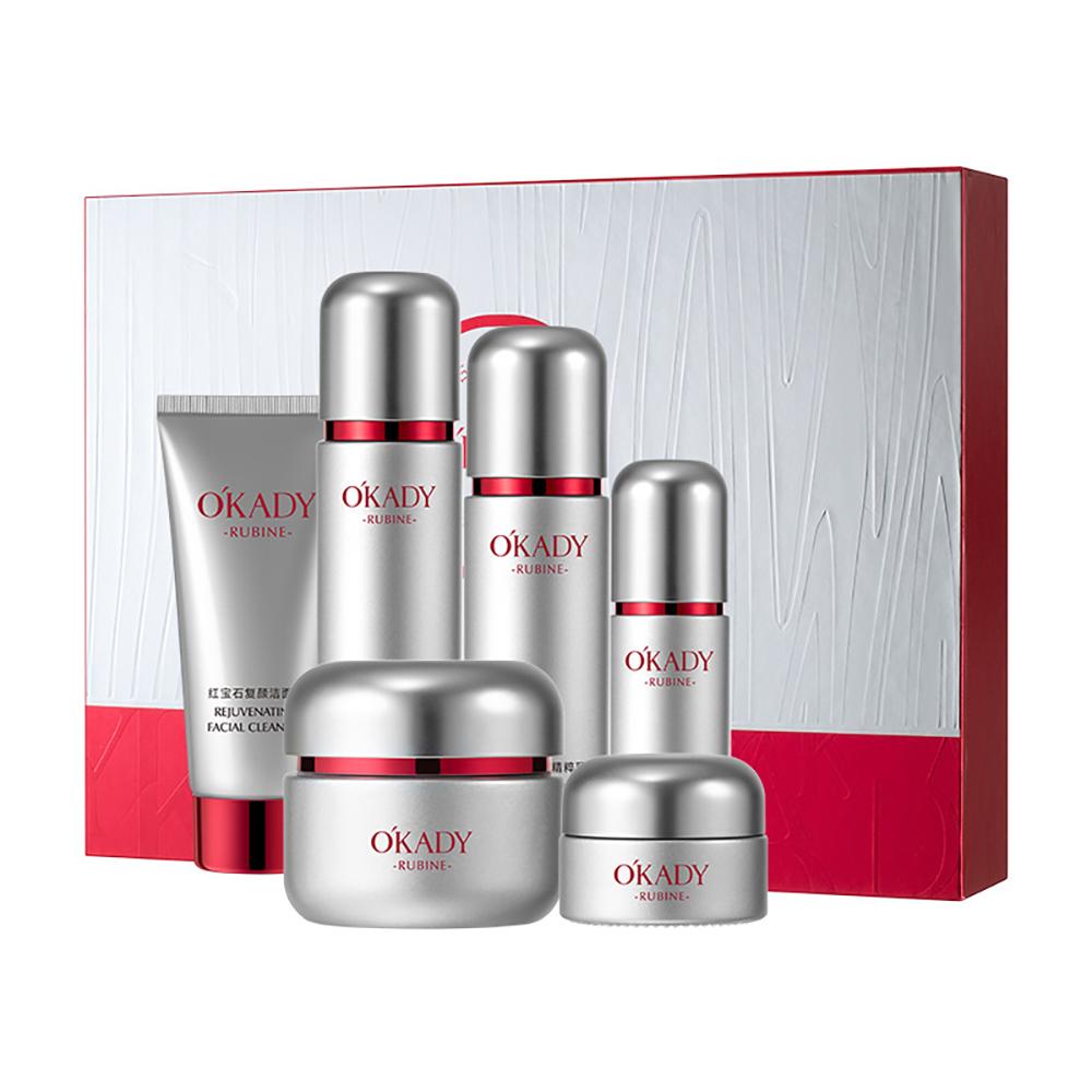 OKADY Ruby Hyaluronic Acid Hydrolyzed Collagen centella skincare set Face Cream Toner Lotion Essence Eye Cream Facial Cleanser красный