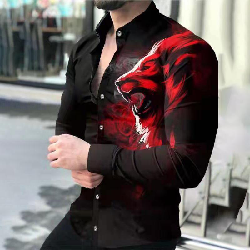 Camisas de moda para hombre, camisa con estampado de León, camisa de manga larga con solapa para hombre