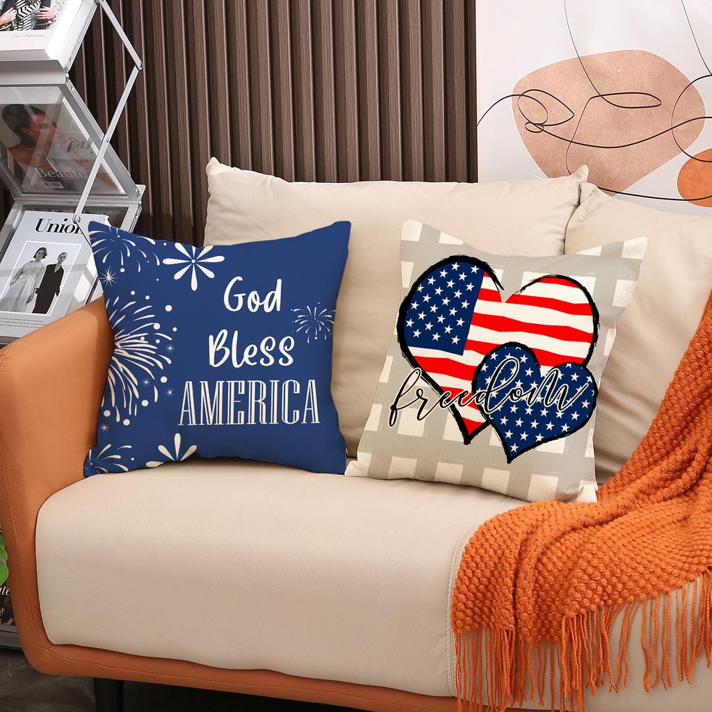 4pcs/Set Cross-Border US Independence Day Pillow Cover Letter Sofa Cushion Cushion Cover Household Goods Without Pillow Core