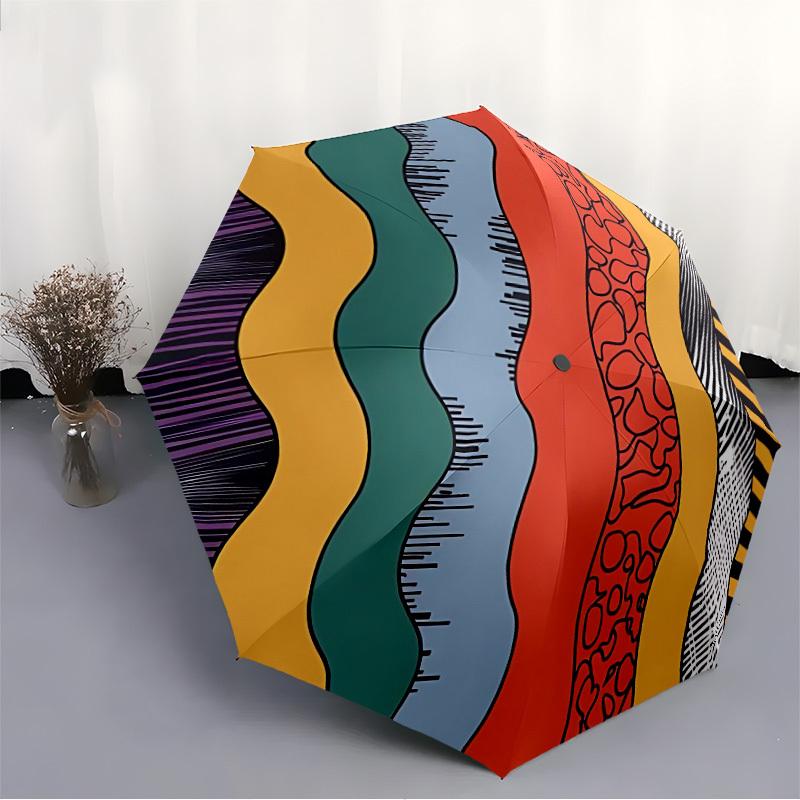 1pc Abstract Waves Adventure Auto Open/close, 8-Rib Iron Frame, Compact Folding Cute Umbrella All-Season Portable Umbrella for Travel 045