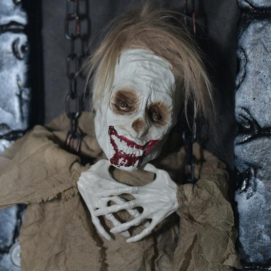 Animated Halloween Decoration Hanging Skull/Ghost/Pumpkin Man Prisoner with Light-up Eyes And Spooky Sounds for Home Porch Party Haunted House Decor