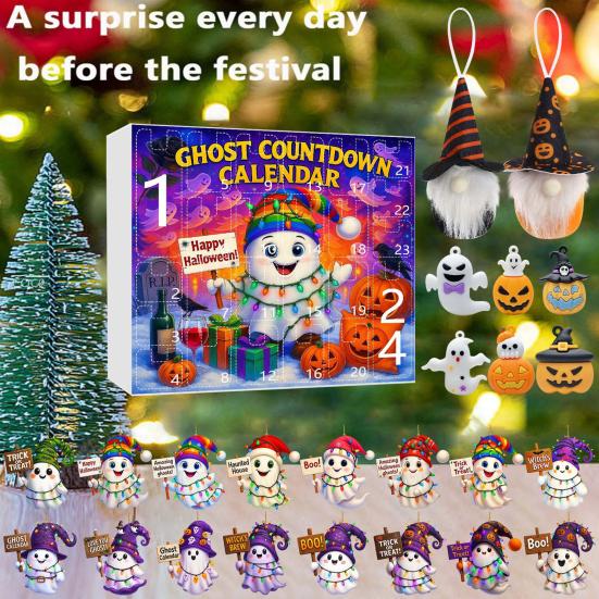 Halloween Advent Calendar 2025 24 Day Countdown Calendar with Acrylic Ghost/Gnome/Pumpkin Ornaments for Indoor Outdoor Home Party Decor