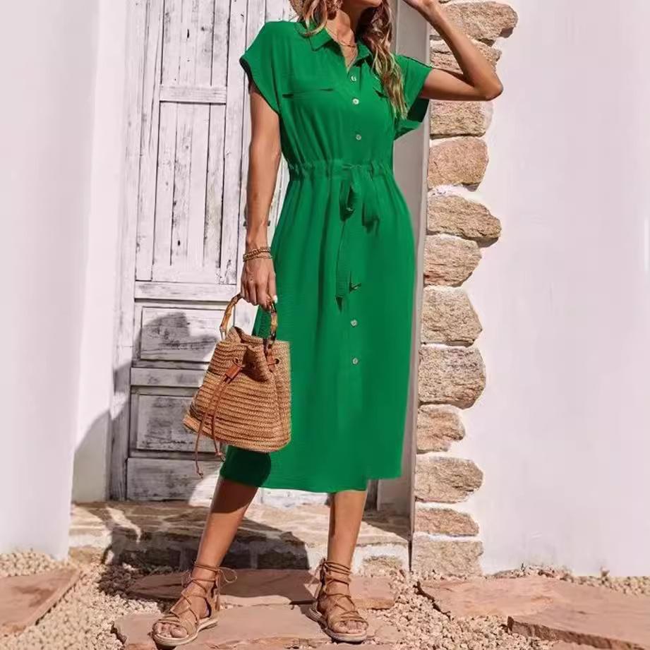 2024 Women's Fashionable Shirt Collar Waist-Cinching Dress with Waistband