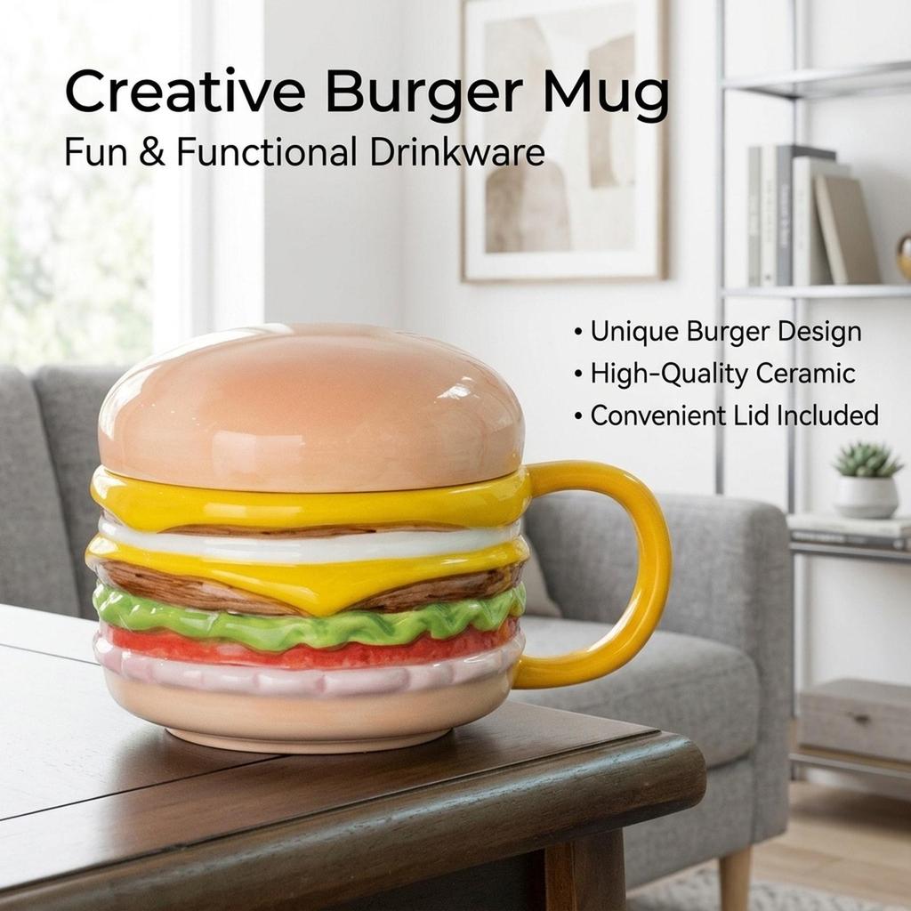Ceramic Coffee Mug with Lid Burger Shaped Breakfast Cup Creative Kitchen Mug for Home Office Tea Coffee