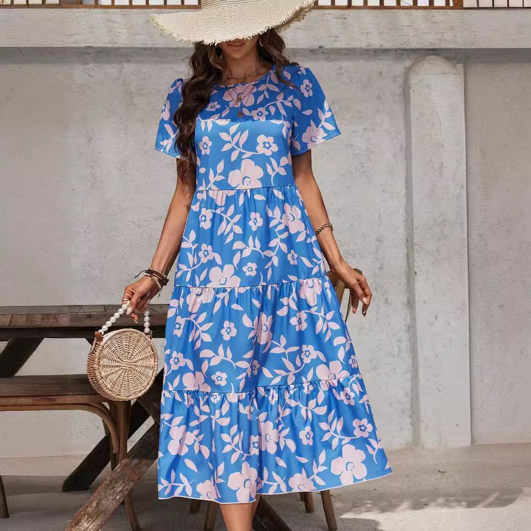 

2025 Elegant Floral Ruffle Patchwork Long Dress for Women L синий