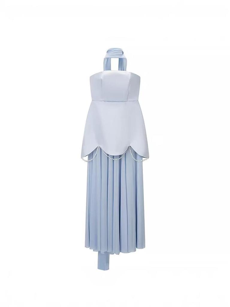 Pearl Embellished Mesh Patchwork Bandeau Dress with Flowy Shawl - Summer 2026 Light Luxury Evening Gown