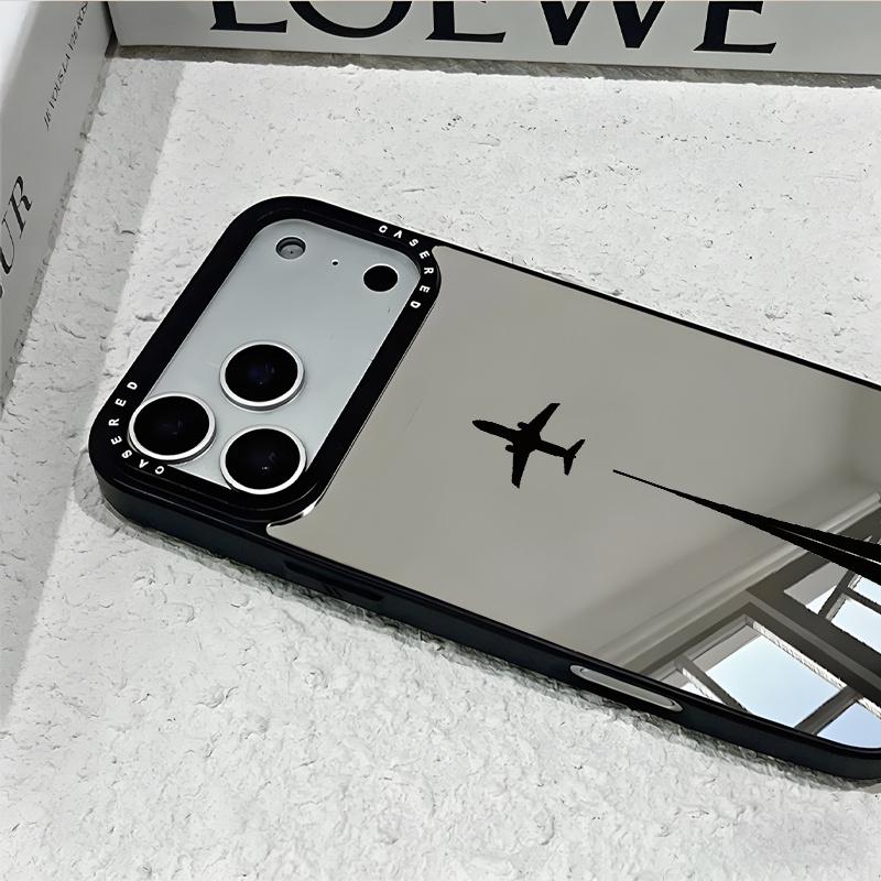 Black Airplane Pattern Mirror Phone Case Suitable for iPhone 17 16 15 14 13 12 11 Pro/Max/Plus Anti Drop and Shockproof