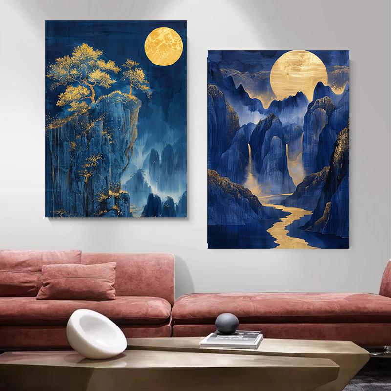Landscape Blue Mountain Tree Forest Pine Temple River Gold Sun Poster Canvas Painting Print Wall Art for Living Room Home Decor