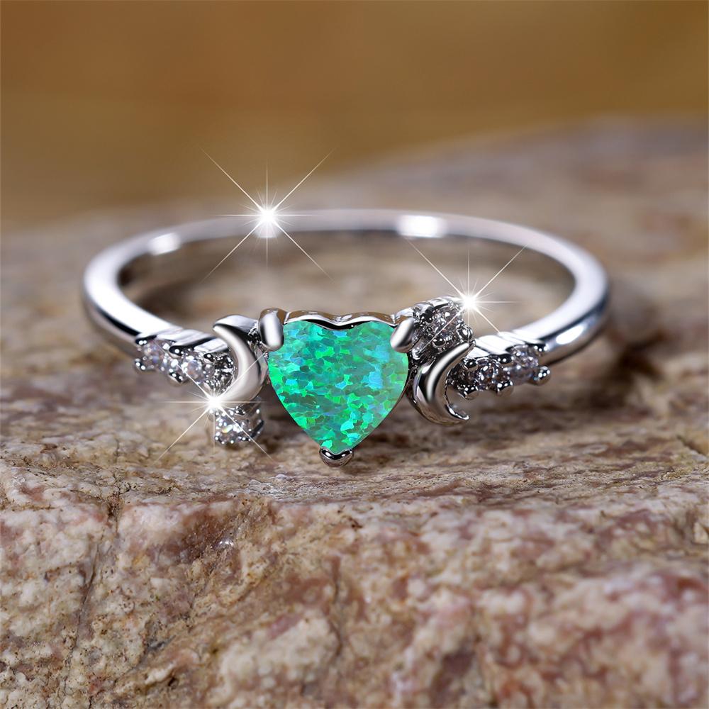 Moon Love Heart Engagement Ring Green Blue White Opal Stone Rings For Women Rose Gold Silver Color Wedding Bands Jewelry