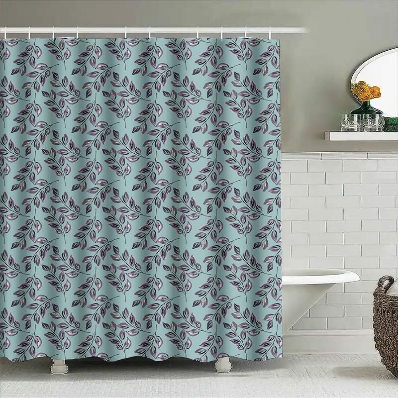 Classic Leaf Pattern Shower Curtain Set Soft Waterproof Fabric For Bathroom Decor (Light Blue)